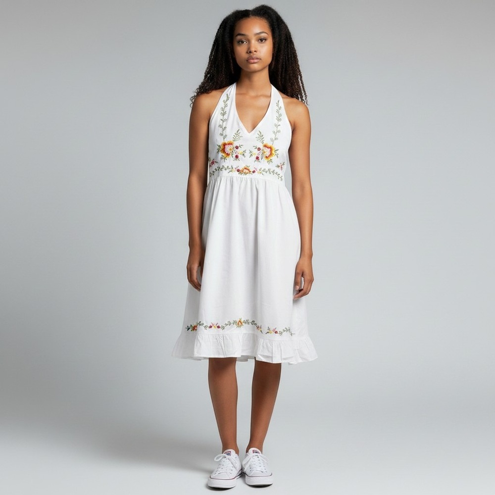 BLUEBERI BOULEVARD White Floral Embroidered Halter Ruffle Dress Boho Size S-M